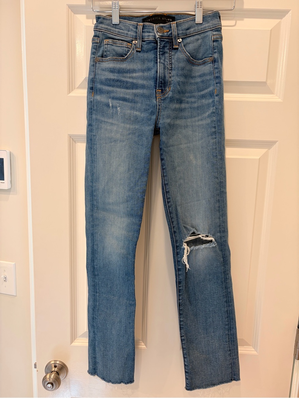 Veronica Beard Ryleigh Slim Straight High Rise Jeans with Knee Rip